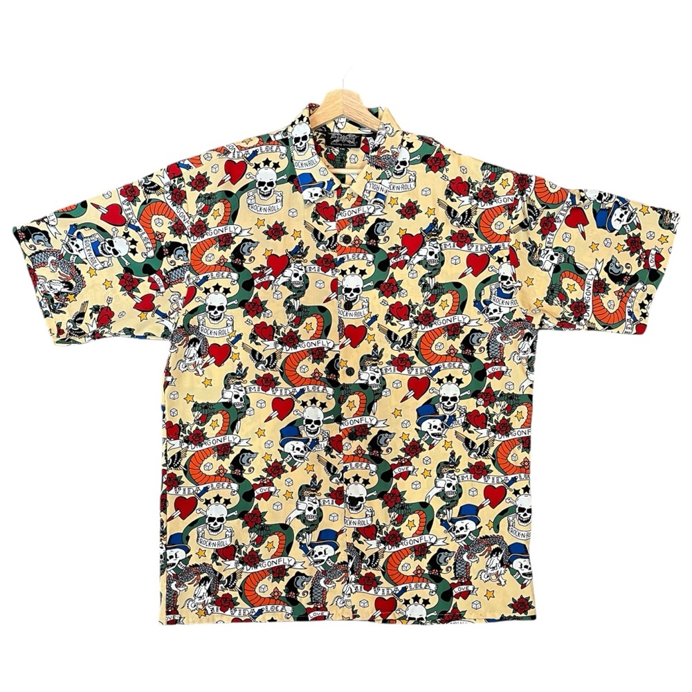 Vintage Y2K Dragonfly Tattoo Flash Button Down Shirt Men’s XXL